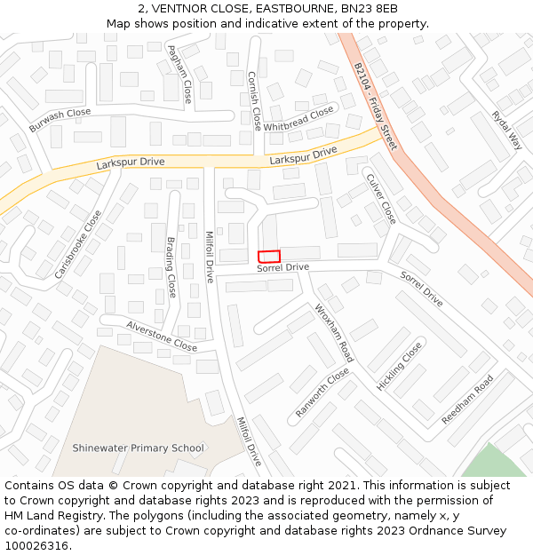 2, VENTNOR CLOSE, EASTBOURNE, BN23 8EB: Location map and indicative extent of plot