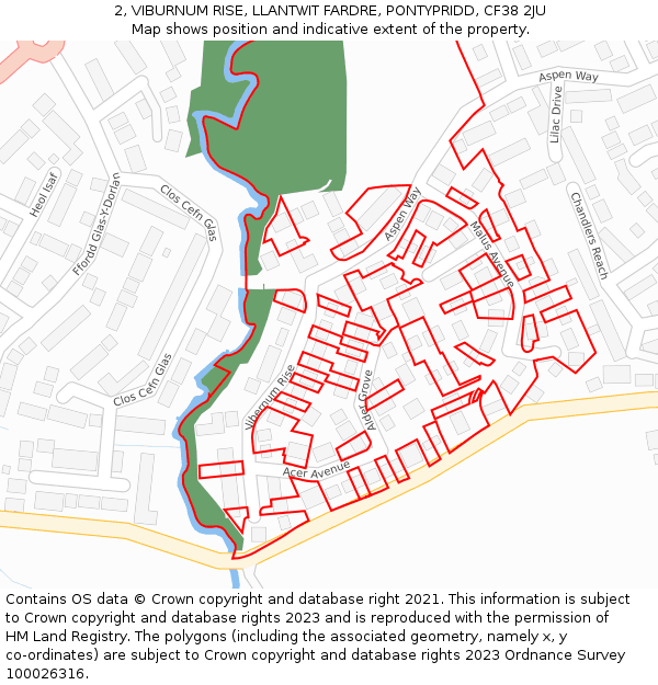 2, VIBURNUM RISE, LLANTWIT FARDRE, PONTYPRIDD, CF38 2JU: Location map and indicative extent of plot