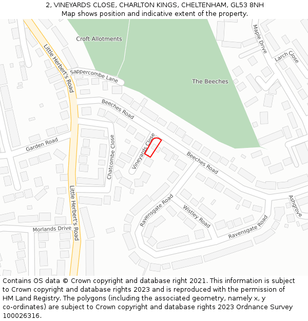 2, VINEYARDS CLOSE, CHARLTON KINGS, CHELTENHAM, GL53 8NH: Location map and indicative extent of plot