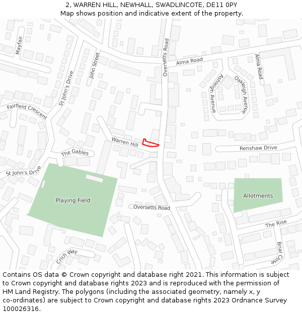 2, WARREN HILL, NEWHALL, SWADLINCOTE, DE11 0PY: Location map and indicative extent of plot