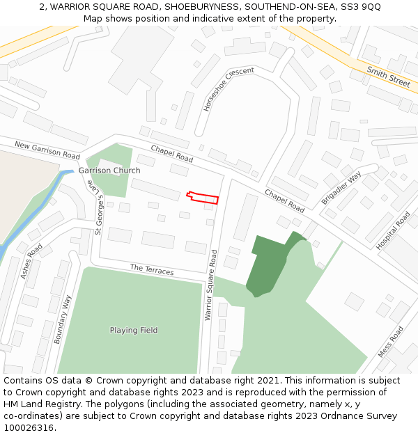 2, WARRIOR SQUARE ROAD, SHOEBURYNESS, SOUTHEND-ON-SEA, SS3 9QQ: Location map and indicative extent of plot