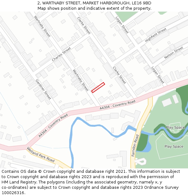 2, WARTNABY STREET, MARKET HARBOROUGH, LE16 9BD: Location map and indicative extent of plot