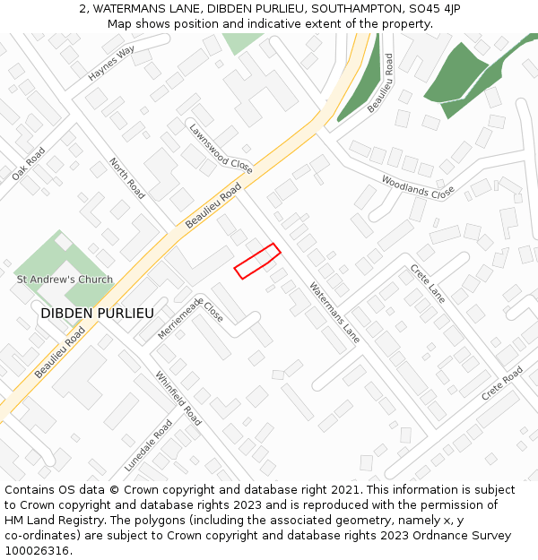 2, WATERMANS LANE, DIBDEN PURLIEU, SOUTHAMPTON, SO45 4JP: Location map and indicative extent of plot