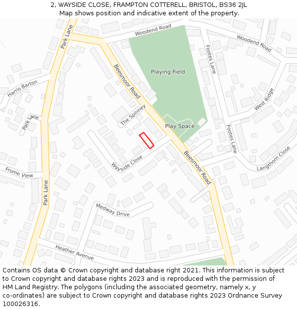 2, WAYSIDE CLOSE, FRAMPTON COTTERELL, BRISTOL, BS36 2JL: Location map and indicative extent of plot