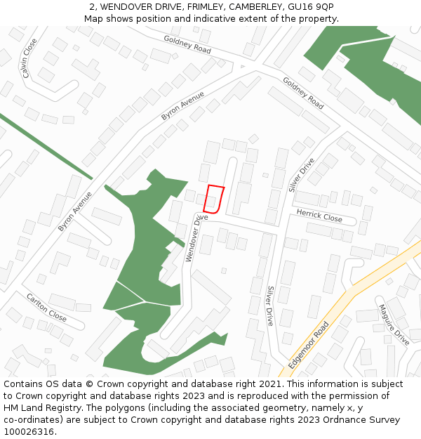 2, WENDOVER DRIVE, FRIMLEY, CAMBERLEY, GU16 9QP: Location map and indicative extent of plot