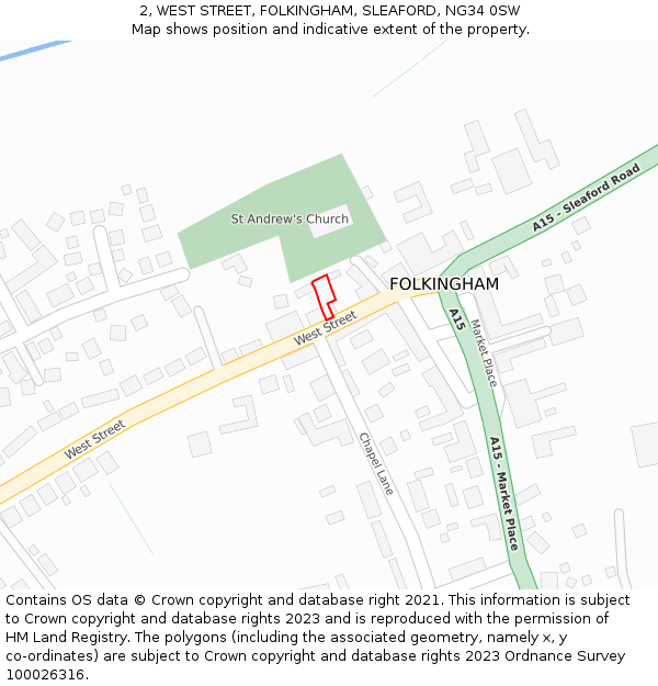 2, WEST STREET, FOLKINGHAM, SLEAFORD, NG34 0SW: Location map and indicative extent of plot