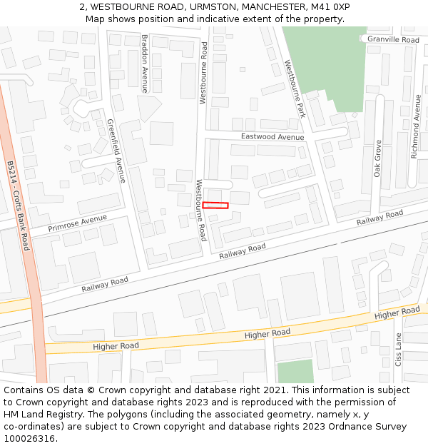 2, WESTBOURNE ROAD, URMSTON, MANCHESTER, M41 0XP: Location map and indicative extent of plot