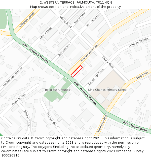 2, WESTERN TERRACE, FALMOUTH, TR11 4QN: Location map and indicative extent of plot