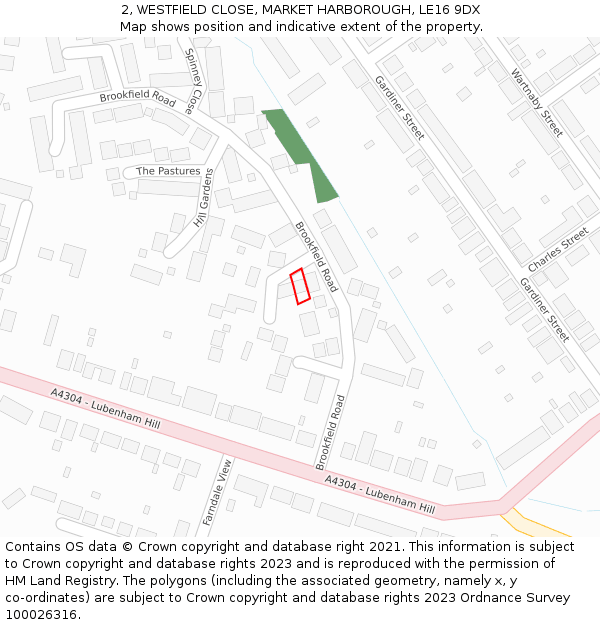 2, WESTFIELD CLOSE, MARKET HARBOROUGH, LE16 9DX: Location map and indicative extent of plot