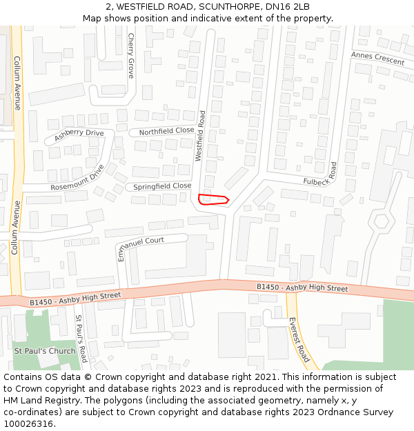 2, WESTFIELD ROAD, SCUNTHORPE, DN16 2LB: Location map and indicative extent of plot