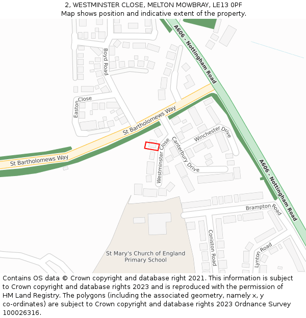 2, WESTMINSTER CLOSE, MELTON MOWBRAY, LE13 0PF: Location map and indicative extent of plot