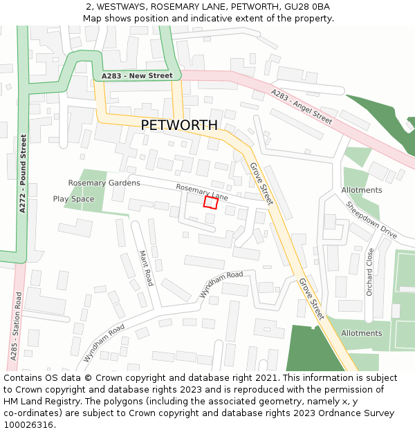 2, WESTWAYS, ROSEMARY LANE, PETWORTH, GU28 0BA: Location map and indicative extent of plot