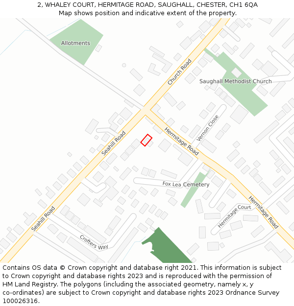 2, WHALEY COURT, HERMITAGE ROAD, SAUGHALL, CHESTER, CH1 6QA: Location map and indicative extent of plot