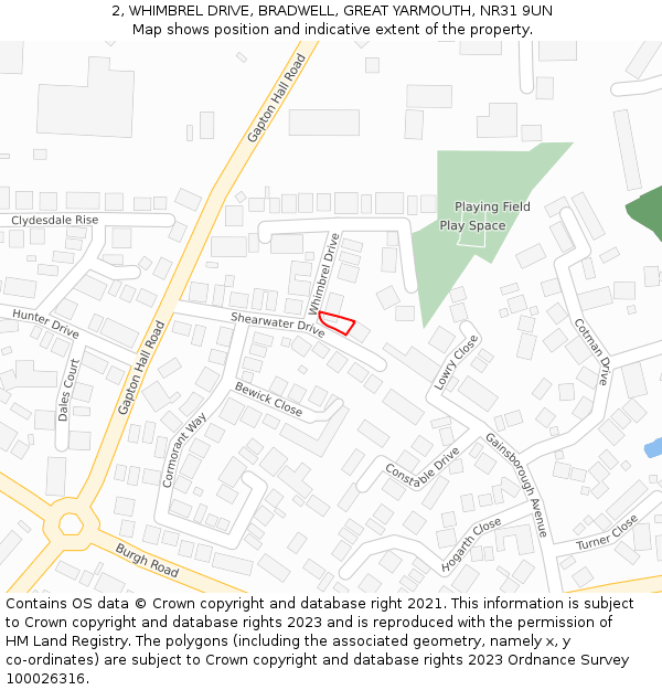 2, WHIMBREL DRIVE, BRADWELL, GREAT YARMOUTH, NR31 9UN: Location map and indicative extent of plot