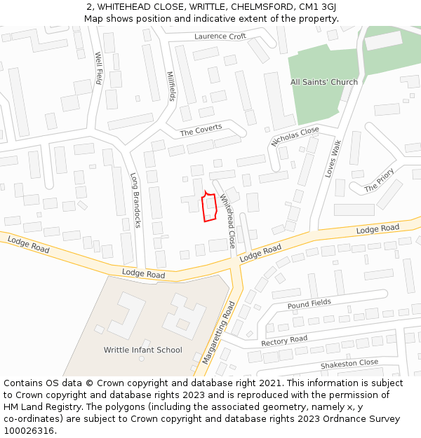 2, WHITEHEAD CLOSE, WRITTLE, CHELMSFORD, CM1 3GJ: Location map and indicative extent of plot