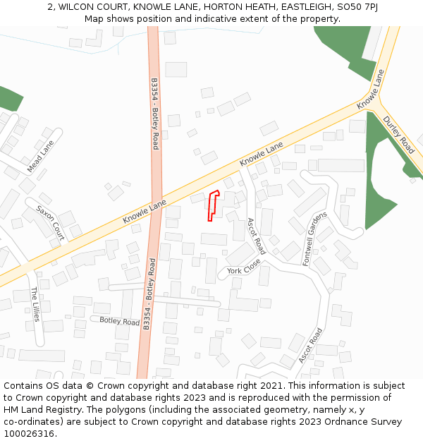 2, WILCON COURT, KNOWLE LANE, HORTON HEATH, EASTLEIGH, SO50 7PJ: Location map and indicative extent of plot