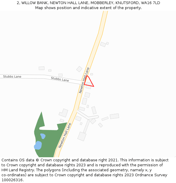 2, WILLOW BANK, NEWTON HALL LANE, MOBBERLEY, KNUTSFORD, WA16 7LD: Location map and indicative extent of plot