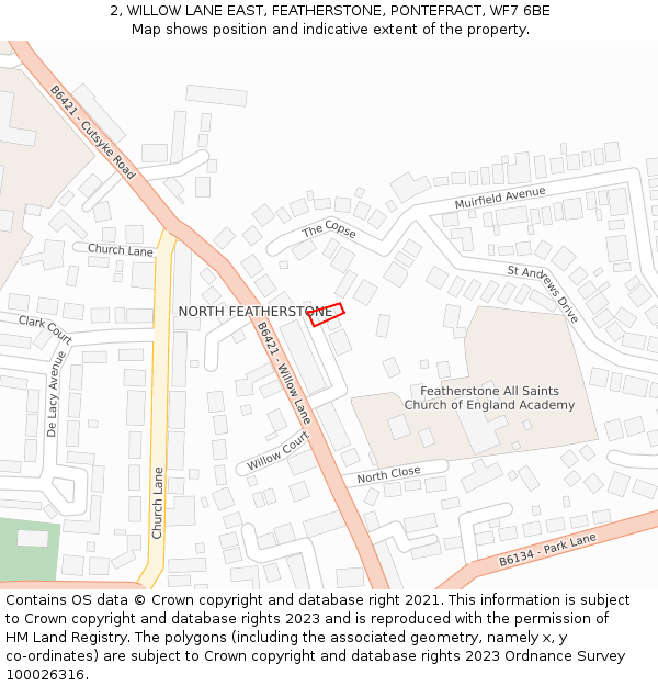 2, WILLOW LANE EAST, FEATHERSTONE, PONTEFRACT, WF7 6BE: Location map and indicative extent of plot