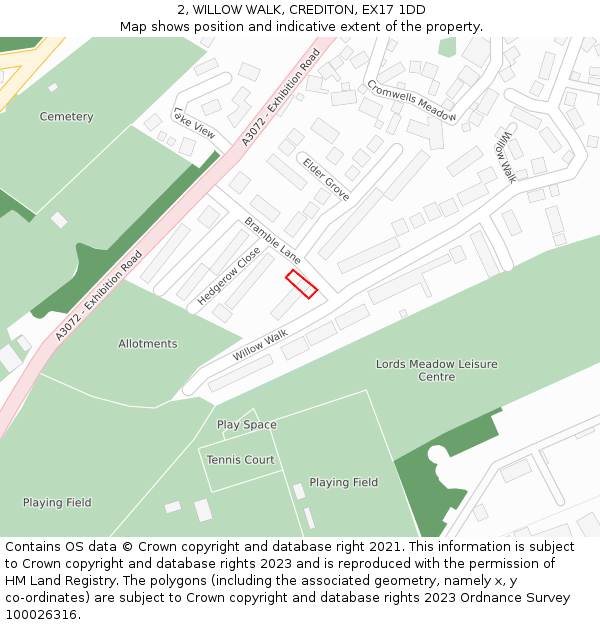 2, WILLOW WALK, CREDITON, EX17 1DD: Location map and indicative extent of plot