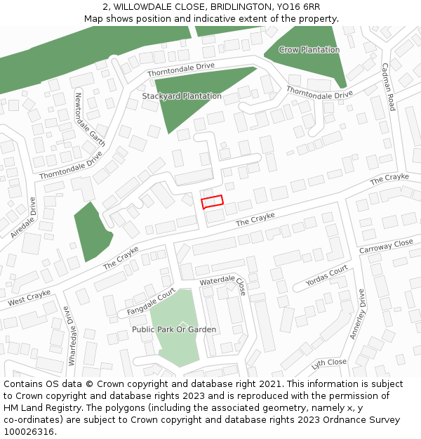 2, WILLOWDALE CLOSE, BRIDLINGTON, YO16 6RR: Location map and indicative extent of plot