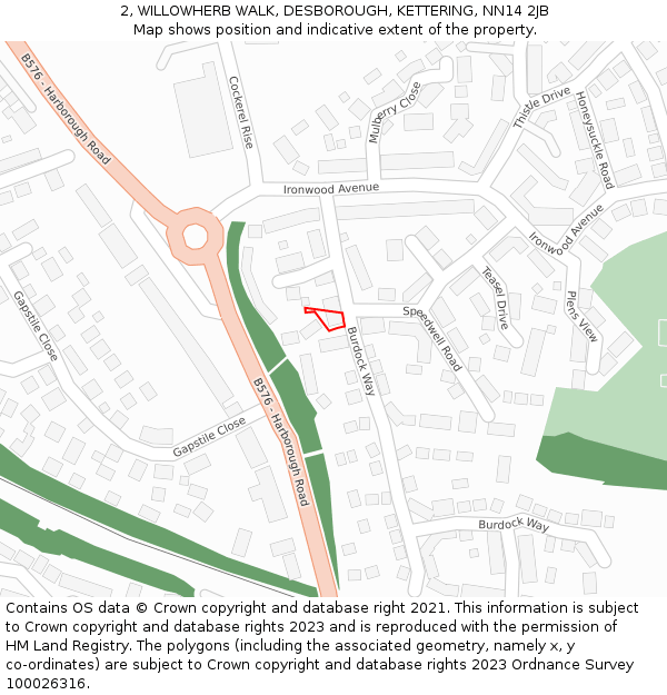 2, WILLOWHERB WALK, DESBOROUGH, KETTERING, NN14 2JB: Location map and indicative extent of plot