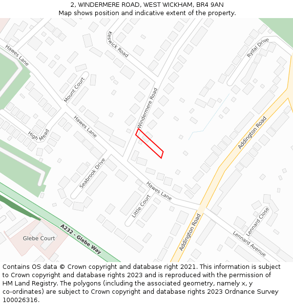 2, WINDERMERE ROAD, WEST WICKHAM, BR4 9AN: Location map and indicative extent of plot