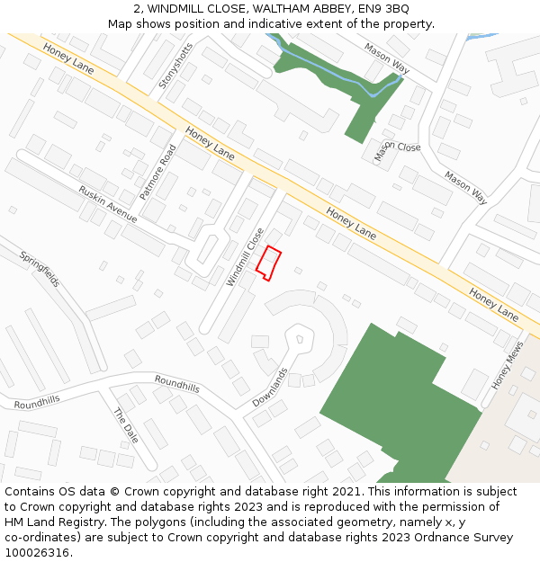 2, WINDMILL CLOSE, WALTHAM ABBEY, EN9 3BQ: Location map and indicative extent of plot