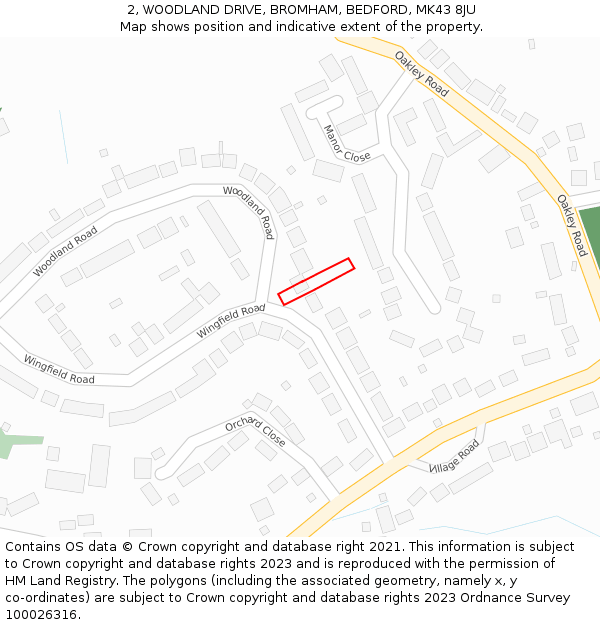 2, WOODLAND DRIVE, BROMHAM, BEDFORD, MK43 8JU: Location map and indicative extent of plot