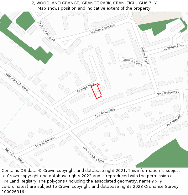 2, WOODLAND GRANGE, GRANGE PARK, CRANLEIGH, GU6 7HY: Location map and indicative extent of plot