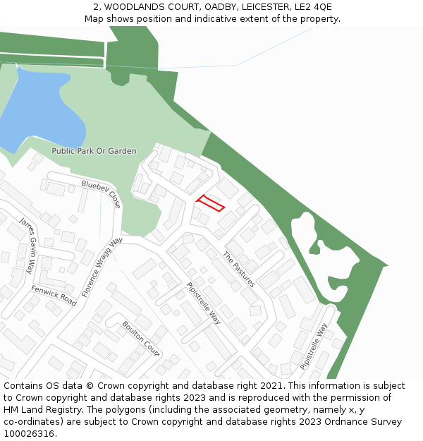 2, WOODLANDS COURT, OADBY, LEICESTER, LE2 4QE: Location map and indicative extent of plot