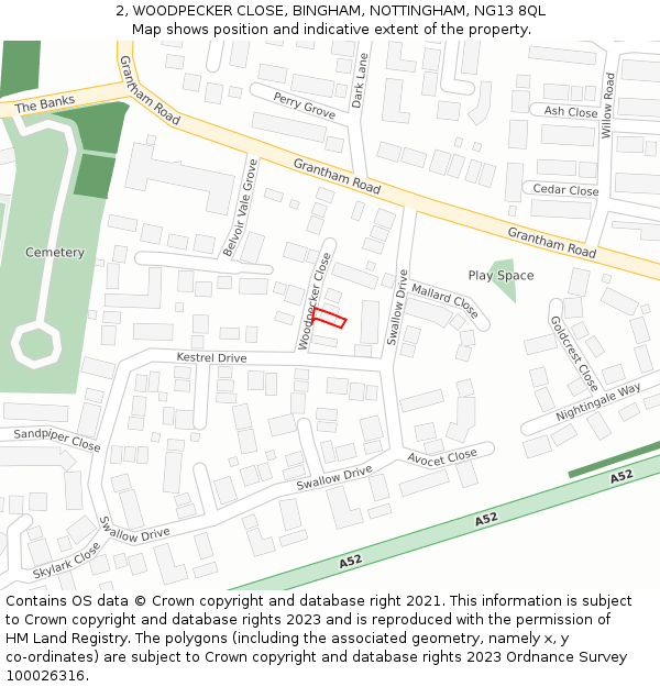 2, WOODPECKER CLOSE, BINGHAM, NOTTINGHAM, NG13 8QL: Location map and indicative extent of plot