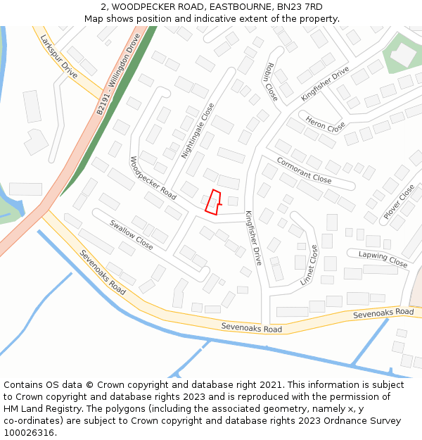 2, WOODPECKER ROAD, EASTBOURNE, BN23 7RD: Location map and indicative extent of plot