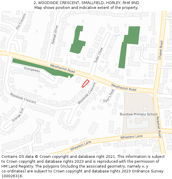 2, WOODSIDE CRESCENT, SMALLFIELD, HORLEY, RH6 9ND: Location map and indicative extent of plot