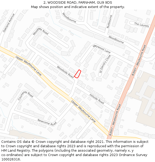 2, WOODSIDE ROAD, FARNHAM, GU9 9DS: Location map and indicative extent of plot