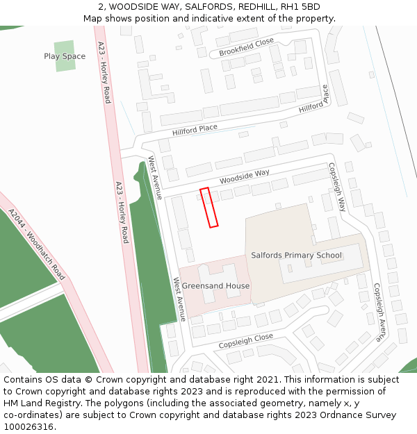 2, WOODSIDE WAY, SALFORDS, REDHILL, RH1 5BD: Location map and indicative extent of plot