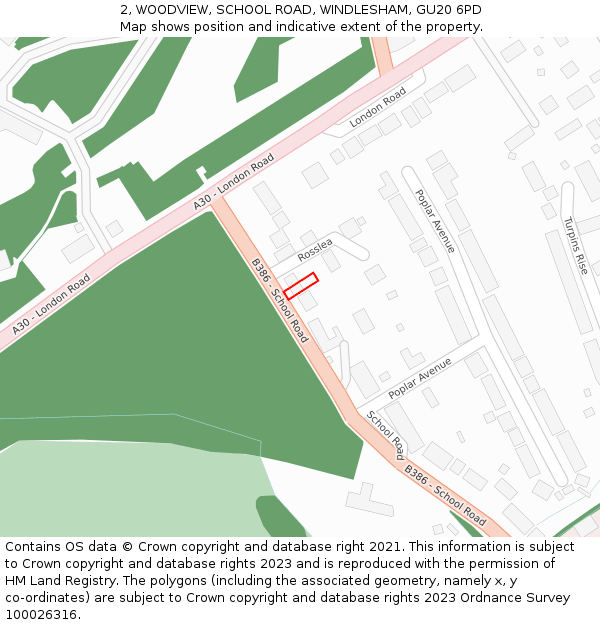 2, WOODVIEW, SCHOOL ROAD, WINDLESHAM, GU20 6PD: Location map and indicative extent of plot