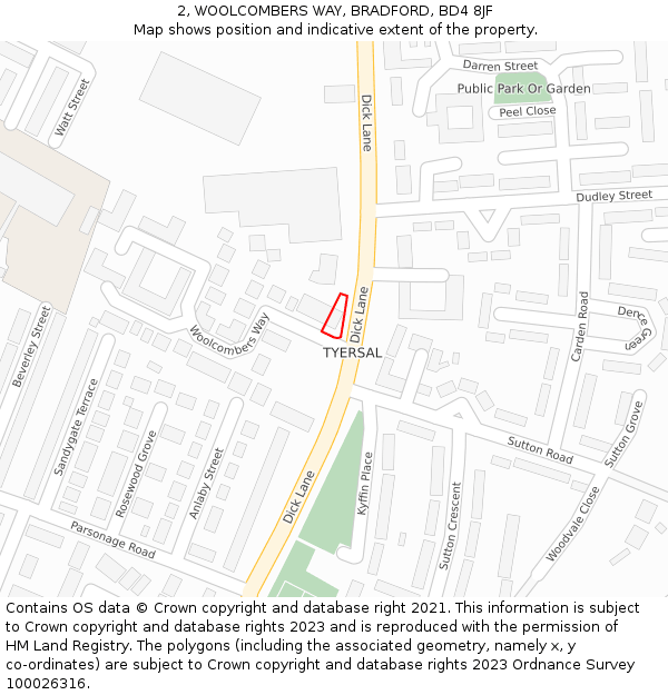 2, WOOLCOMBERS WAY, BRADFORD, BD4 8JF: Location map and indicative extent of plot