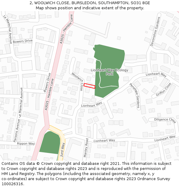 2, WOOLWICH CLOSE, BURSLEDON, SOUTHAMPTON, SO31 8GE: Location map and indicative extent of plot