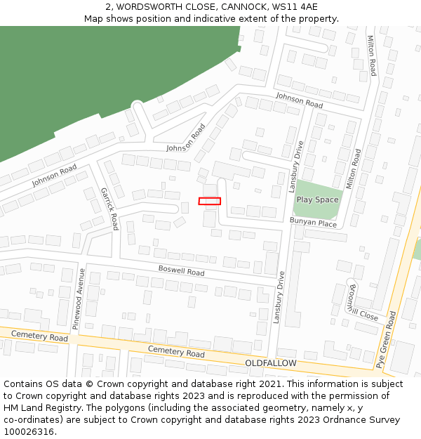 2, WORDSWORTH CLOSE, CANNOCK, WS11 4AE: Location map and indicative extent of plot