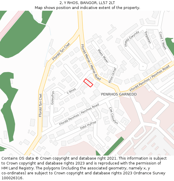 2, Y RHOS, BANGOR, LL57 2LT: Location map and indicative extent of plot