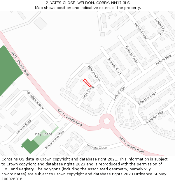 2, YATES CLOSE, WELDON, CORBY, NN17 3LS: Location map and indicative extent of plot