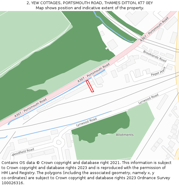 2, YEW COTTAGES, PORTSMOUTH ROAD, THAMES DITTON, KT7 0EY: Location map and indicative extent of plot