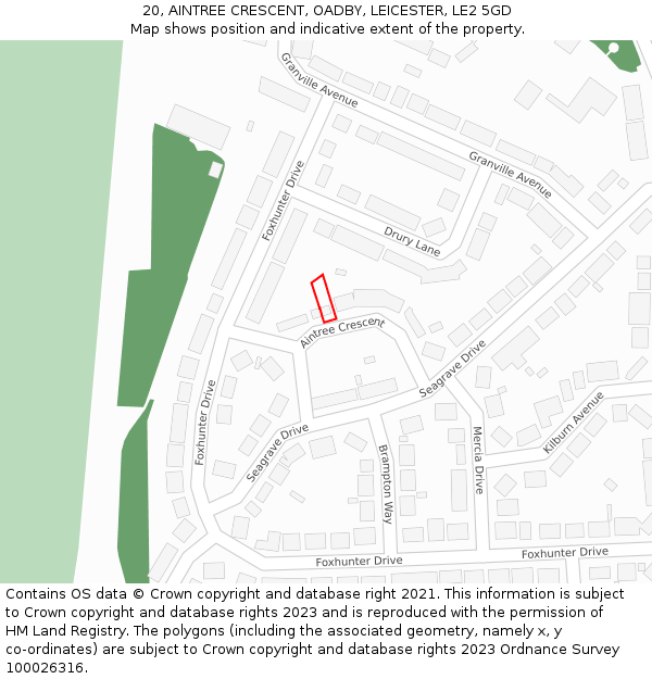 20, AINTREE CRESCENT, OADBY, LEICESTER, LE2 5GD: Location map and indicative extent of plot