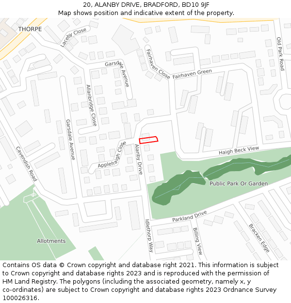 20, ALANBY DRIVE, BRADFORD, BD10 9JF: Location map and indicative extent of plot