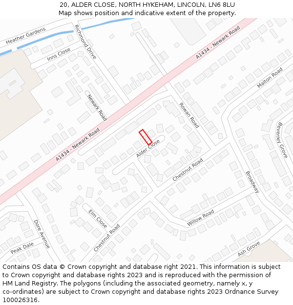 20, ALDER CLOSE, NORTH HYKEHAM, LINCOLN, LN6 8LU: Location map and indicative extent of plot