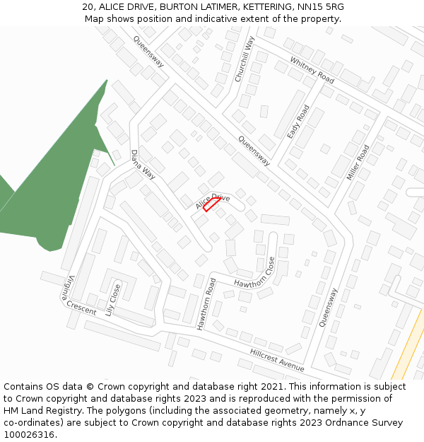 20, ALICE DRIVE, BURTON LATIMER, KETTERING, NN15 5RG: Location map and indicative extent of plot
