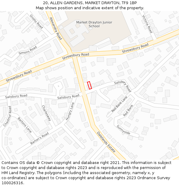 20, ALLEN GARDENS, MARKET DRAYTON, TF9 1BP: Location map and indicative extent of plot