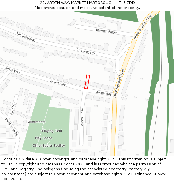 20, ARDEN WAY, MARKET HARBOROUGH, LE16 7DD: Location map and indicative extent of plot