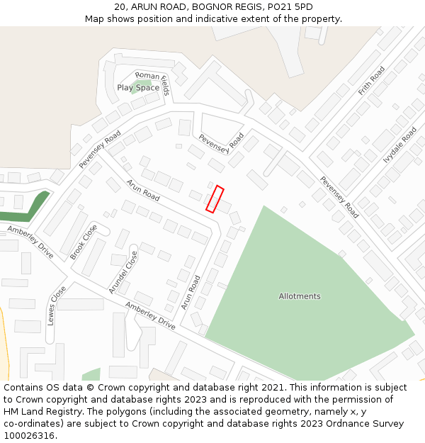 20, ARUN ROAD, BOGNOR REGIS, PO21 5PD: Location map and indicative extent of plot