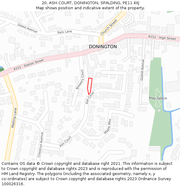 20, ASH COURT, DONINGTON, SPALDING, PE11 4XJ: Location map and indicative extent of plot